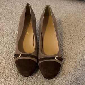 Beacon Two-Tone Taupe and Dark Brown Suede Flats with Gold Buckle